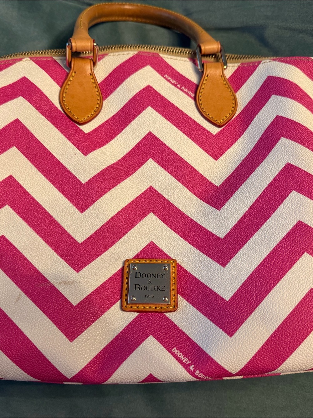 Dooney & Bourke Hot Pink and White Chevron Satchel with Tan Trim